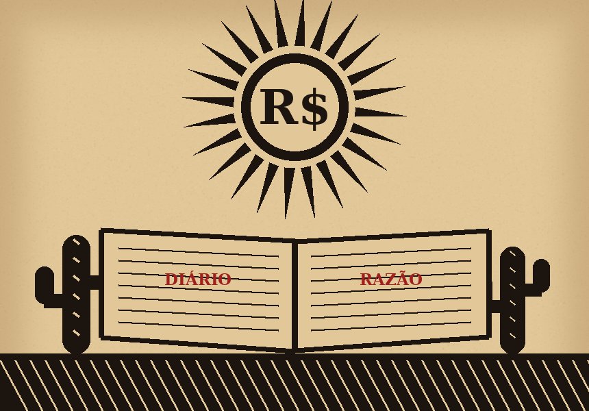 Xilogravura: sol do sertão com R$, livro Diário e Razão e mandacarus